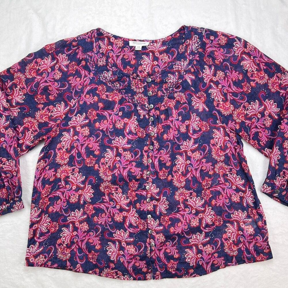 Beach Lunch Lounge Flowy Boho Peasant Top Sheer Purple Floral Button Front M